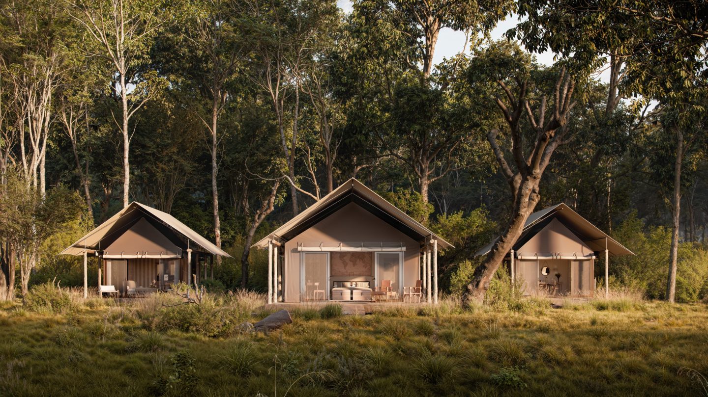 A row of safari tents standing in bush country at first light